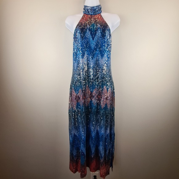 Ramy Brook Dresses & Skirts - Ramy Brook Blue Multicolor Sequin Halter Midi Dress Size 6 Geometric Glam Slit